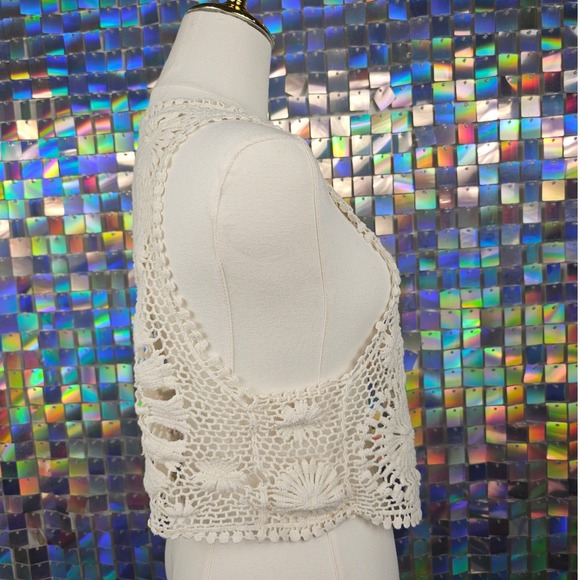 Vintage Handmade Crochet Vest Womens One Size Cream Boho Festival Sunbeam Design - Picture 4 of 5